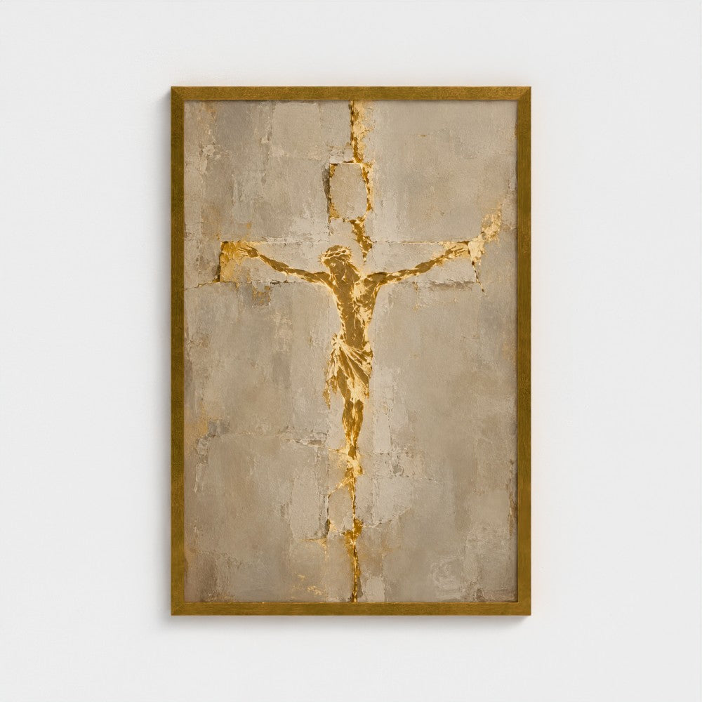 GOLDEN CHRIST on the CROSS – Minimalist Crucifix Painting | Christian Wall Art
